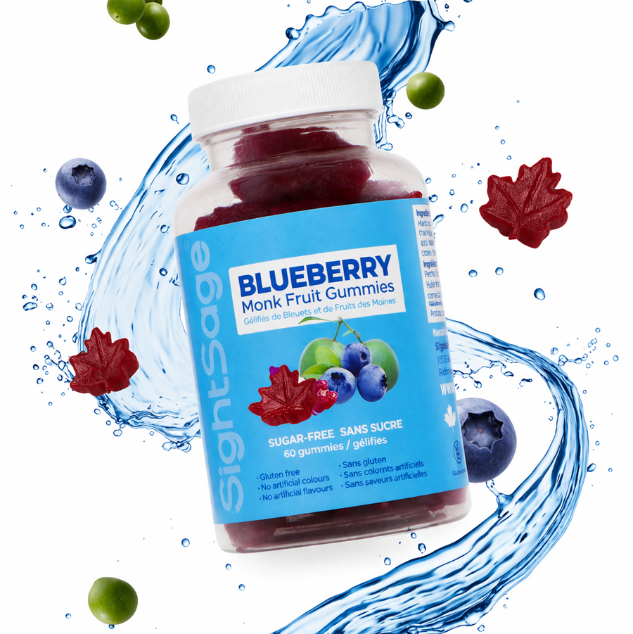 Bottle of SightSage Blueberry Gummies with blue label and water splash background